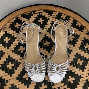 New Talbots Women Size 8 1/2" Silver Kitten Heel Pump Strappy Sandel Ankle Strap